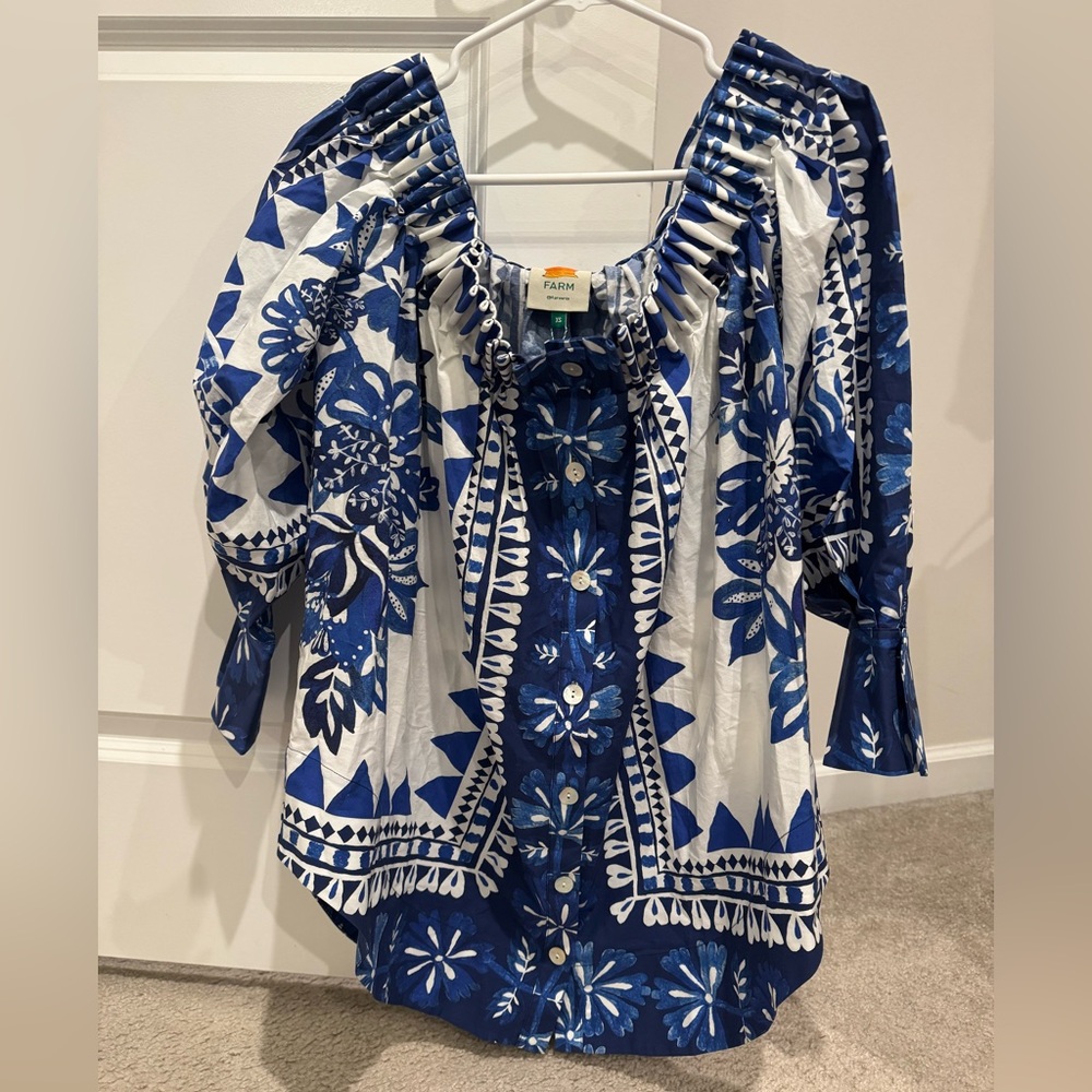 FARM Rio Blue and White Floral Off Shoulder Top